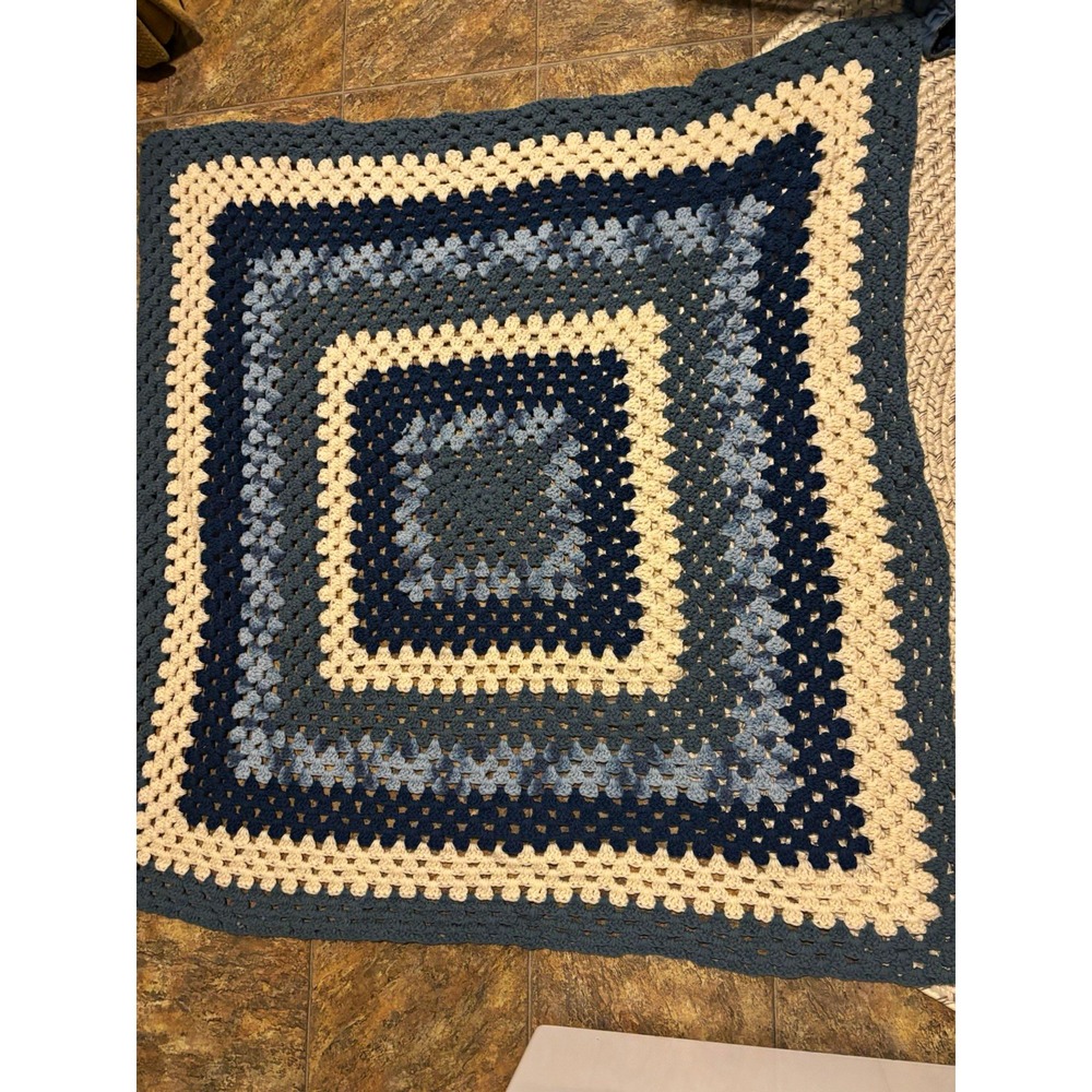 Handmade Crocheted Square Throw Baby Blanket Navy Gray Cream 50x50